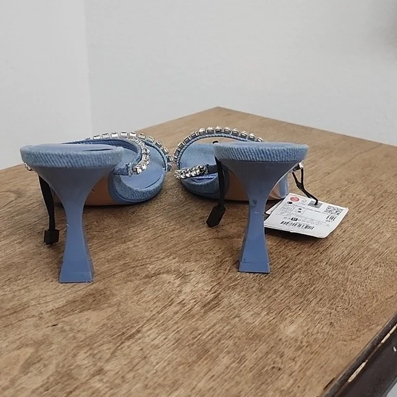 Zara Rhinestone Heeled Denim Sandals size 37 - Picture 3 of 9